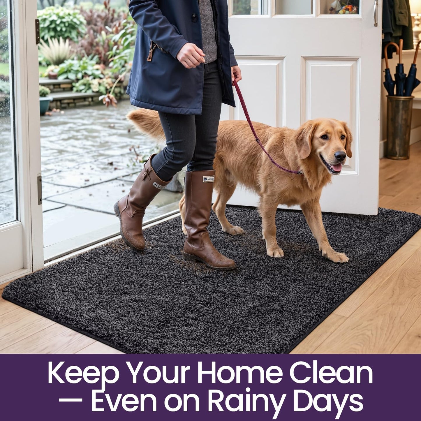 DEXI Dirt Trapper Door Mat Indoor, Non-slip Doormats Inside, Machine Washable, Super Absorbent Entrance Mats Soft Floor Carpet Rug, 50 x 80 cm, Black-Grey